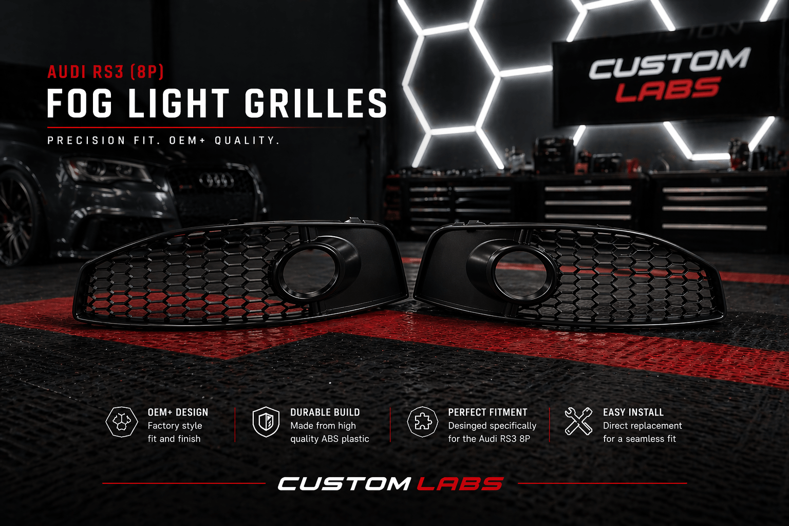 Audi RS3/A3 Fog Light Grill (8P: 2010 - 2012) - Custom Labs